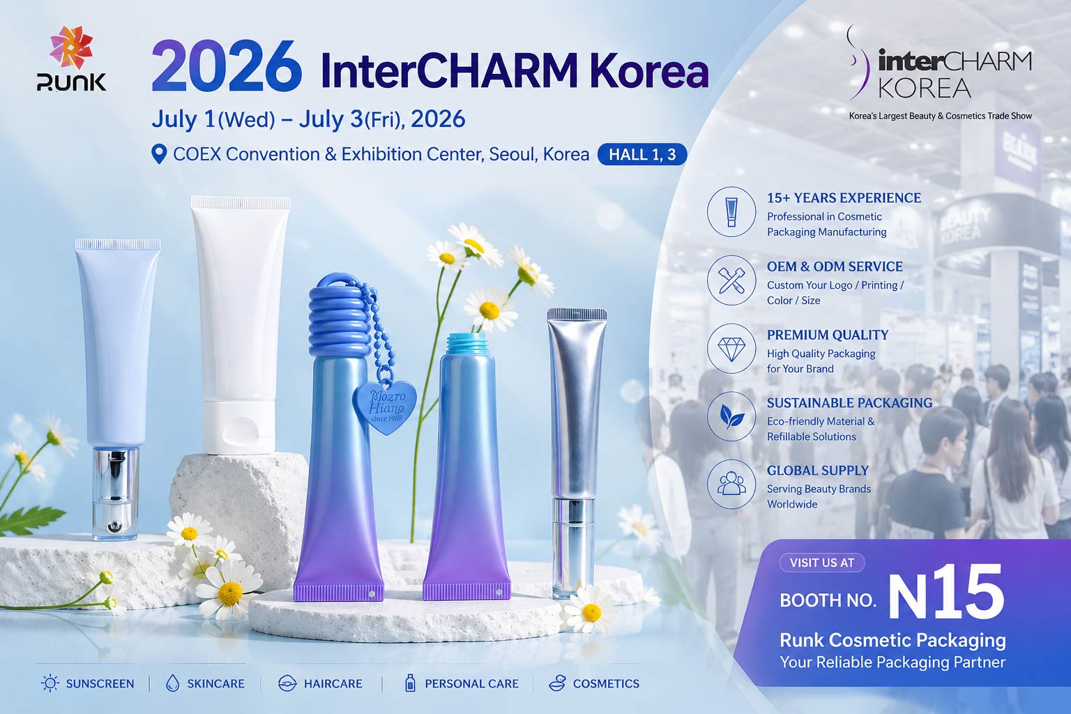 Runk Cosmetics présente ses emballages au salon InterCHARM Korea 2026.